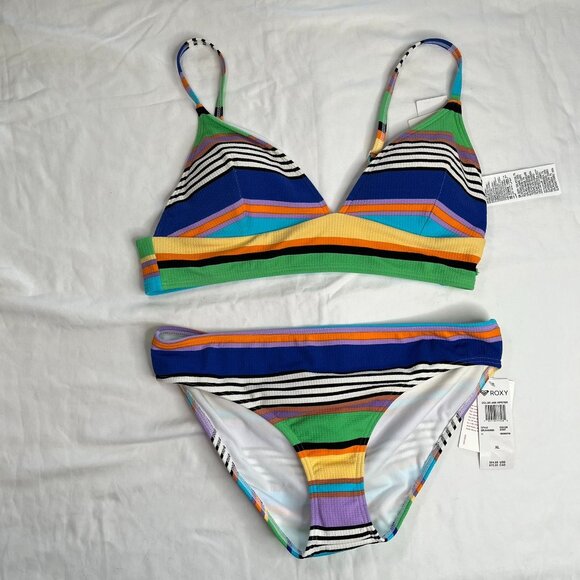 Roxy Womens Color Jam Striped Tank Top & Hipster Bikini Beach Swim Set XL - Picture 2 of 11